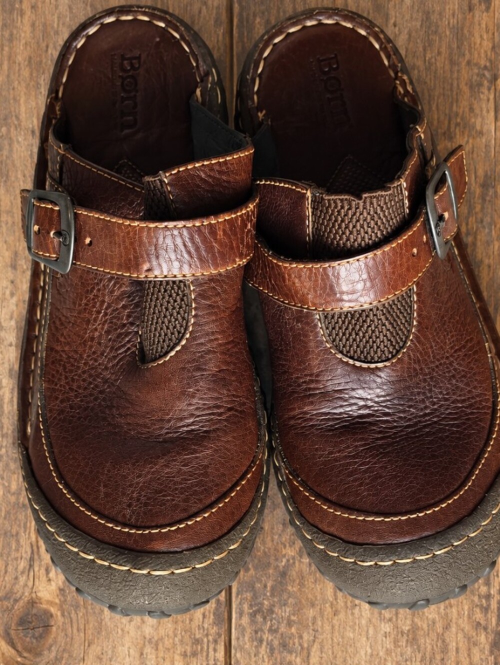 Børn Handcrafted Brown Leather Utility Slide Clogs / Mules Adjustable Buckle 90s